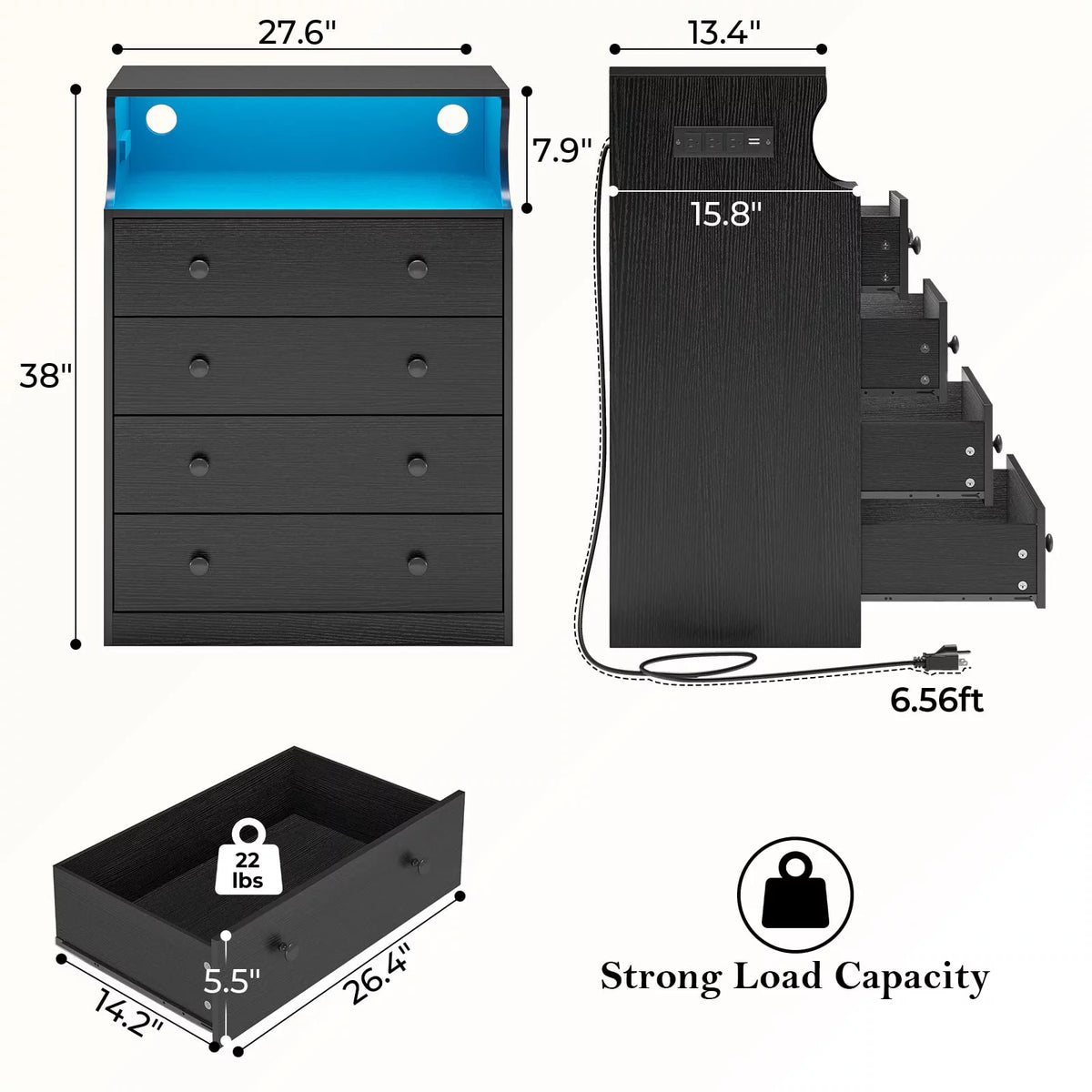 Black 4 Drawer Dresser with Charging Station L8509