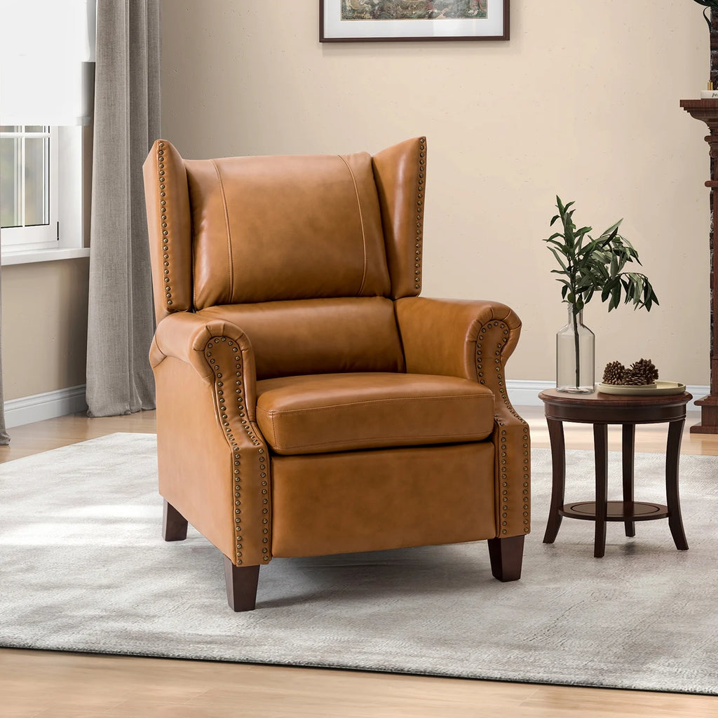 Genuine Leather Recliner with Nailhead Trims and Solid Wood Legs B864