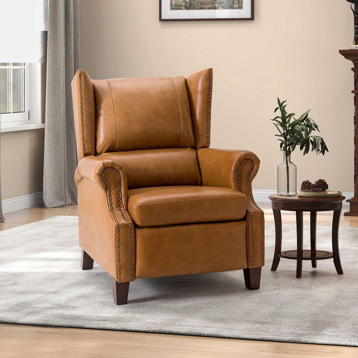 Genuine Leather Recliner with Nailhead Trims and Solid Wood Legs B864