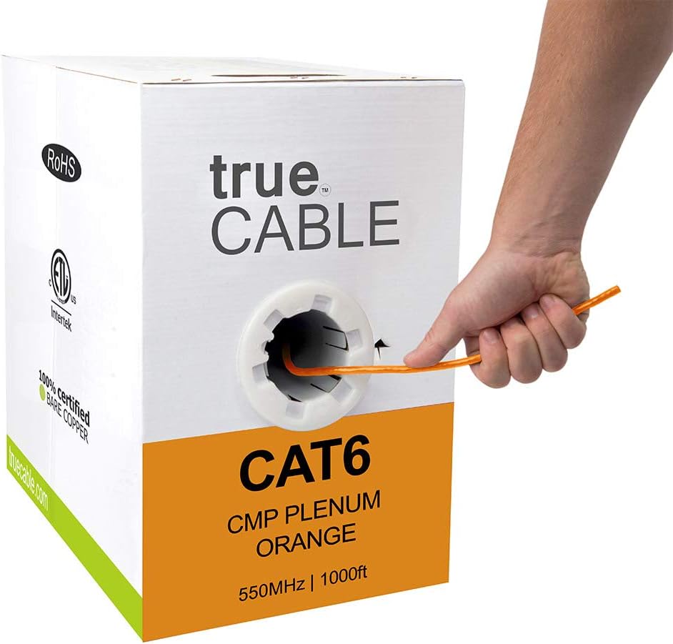 Cat6 Plenum 1000ft Black 23AWG 4 Pair Solid Bare Copper Bulk Ethernet Cable E634