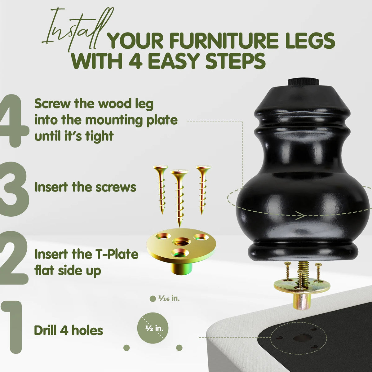 4 Inches Turned Concave Solid Wood Furniture Legs with Adjustable Leveler J42199