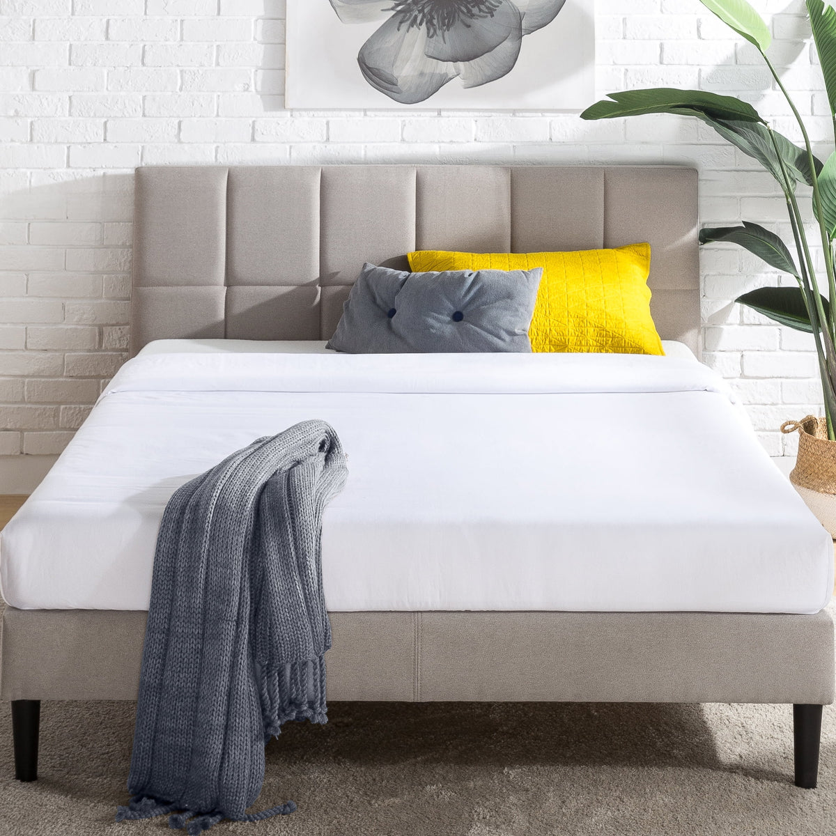 Grey Queen Upholstered Platform Bed Frame with USB Ports I983