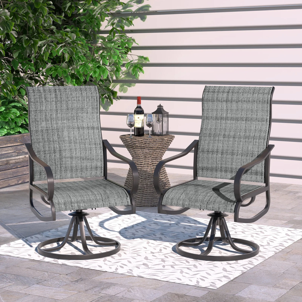 Grey White Set of 2 High Back Padded Swivel Patio Chairs Y4383