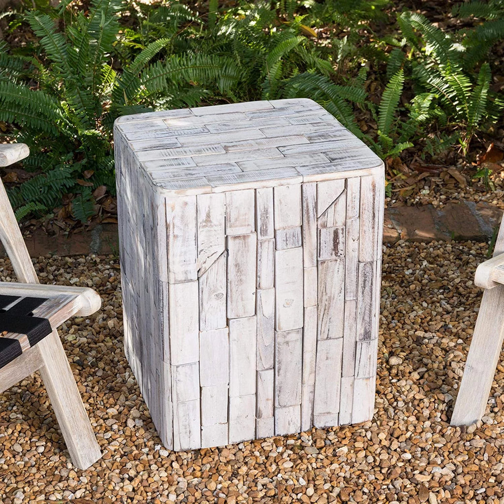 White-Washed Recycled Wood Stool End Table Q342460
