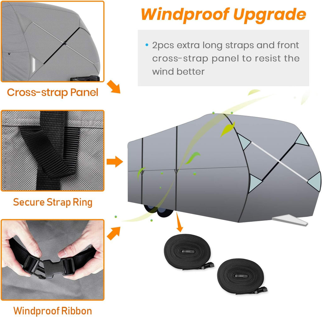 Windproof 35' - 38' RV Cover Travel Trailer Cover, 5 Layers Anti-UV Top, Rip-Stop with 2PCS Extra Straps Q606