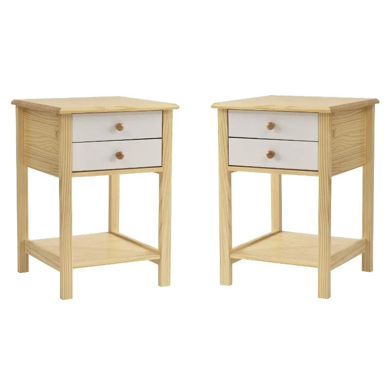 Solid Pine Wood 2 Drawer Nightstand Set of 2 J6514