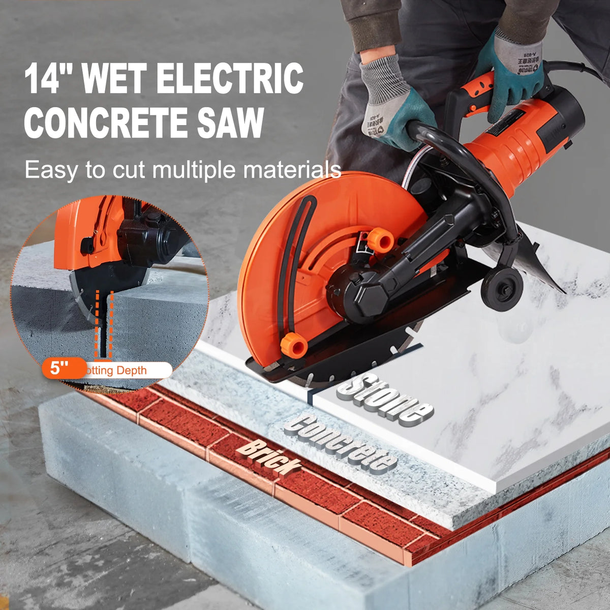 14'' Electric Concrete Saw Wet/Dry Saw Cutter with Water Pump and Blade H190