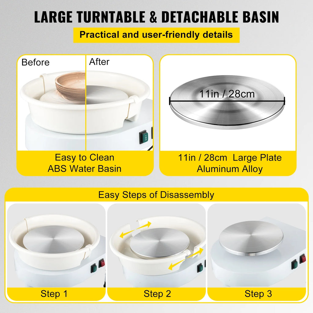 11in Ceramic Pottery Wheel with Foot Pedal and Detachable Basin R6794