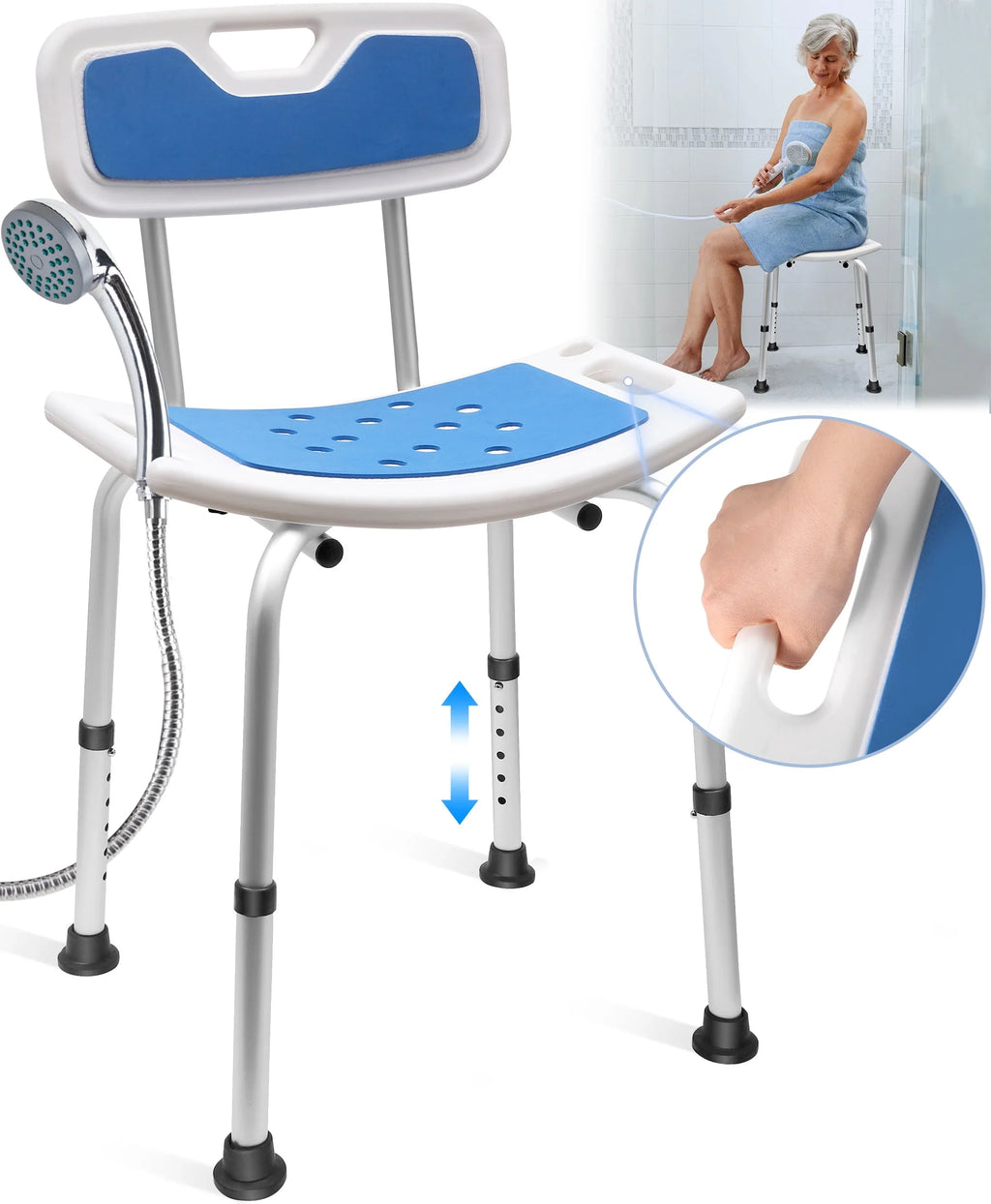 Bath and Shower Chair with Back and Padded Armrests, Height Adjustable U59334