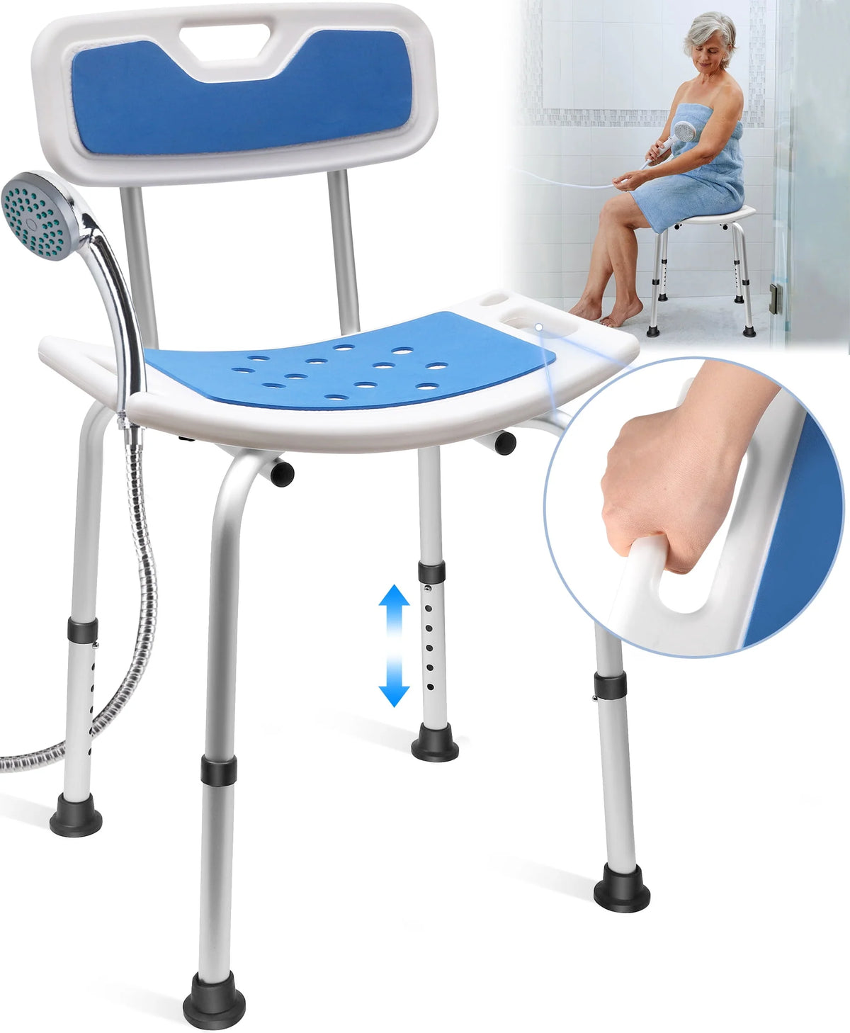 Bath and Shower Chair with Back and Padded Armrests, Height Adjustable U59334