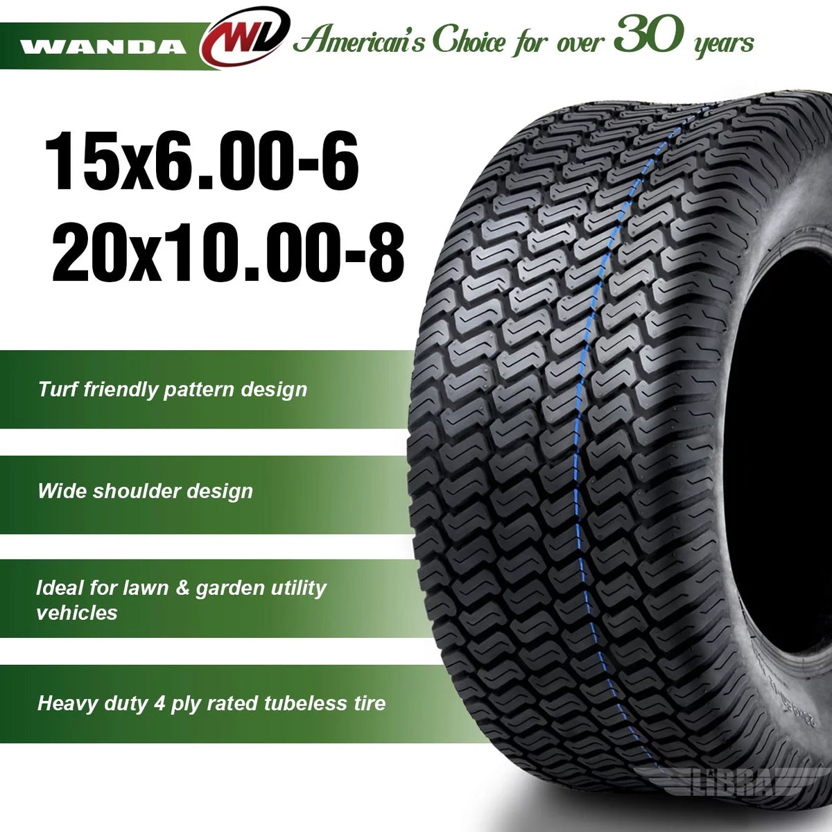 Set of 4 Lawn Mower Turf Tires 15x6-6 Front & 20x10-8 Rear I967
