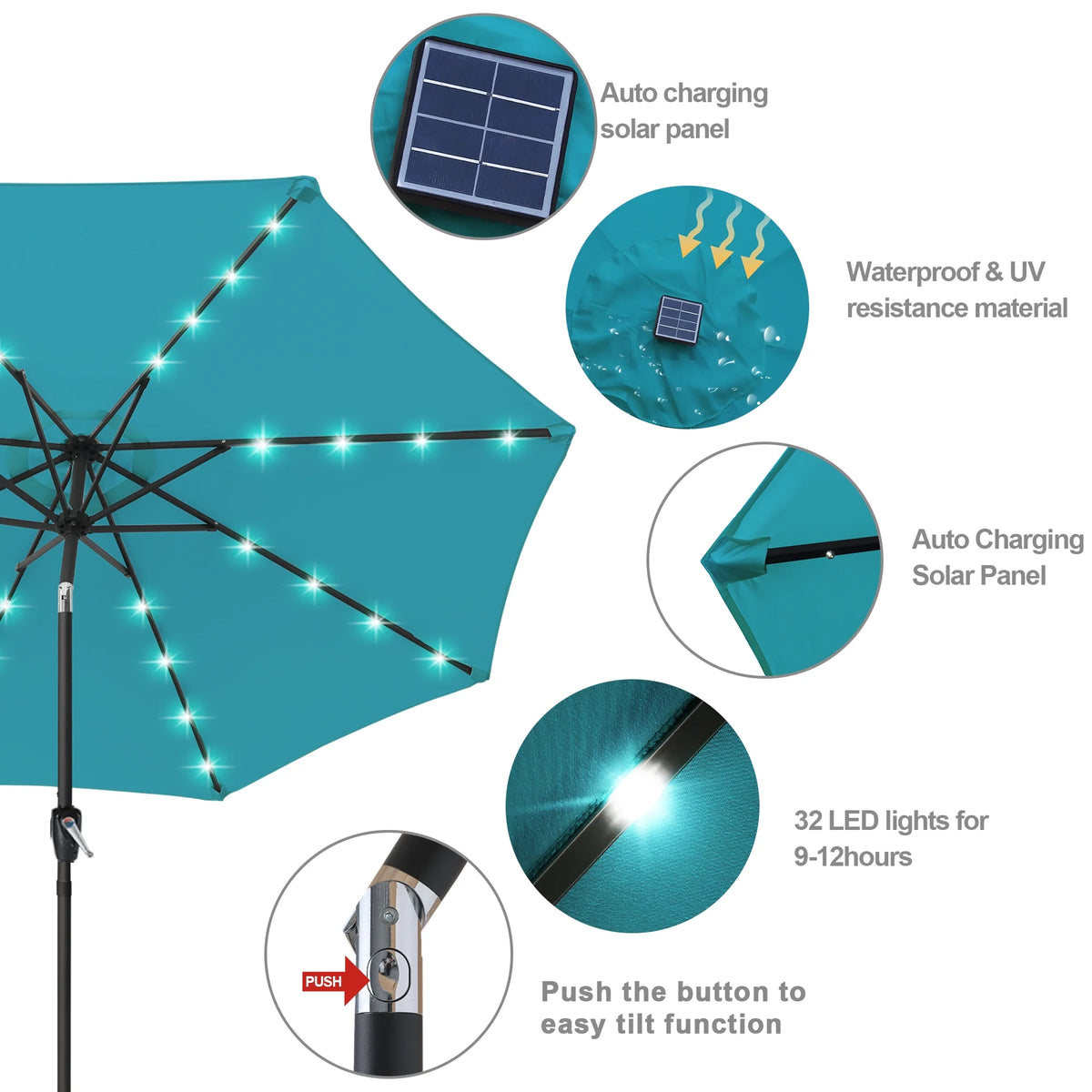 Turquoise Patio Solar Umbrella with Tilt and Crank S308786