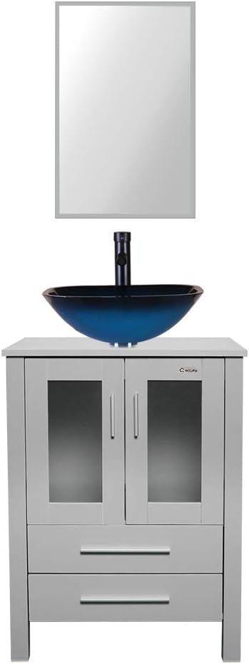 24" Grey Bathroom Vanity Sink Combo with White Rectangle Ceramic Vessel Sink, Chrome Faucet, Pop Up Drain S13037