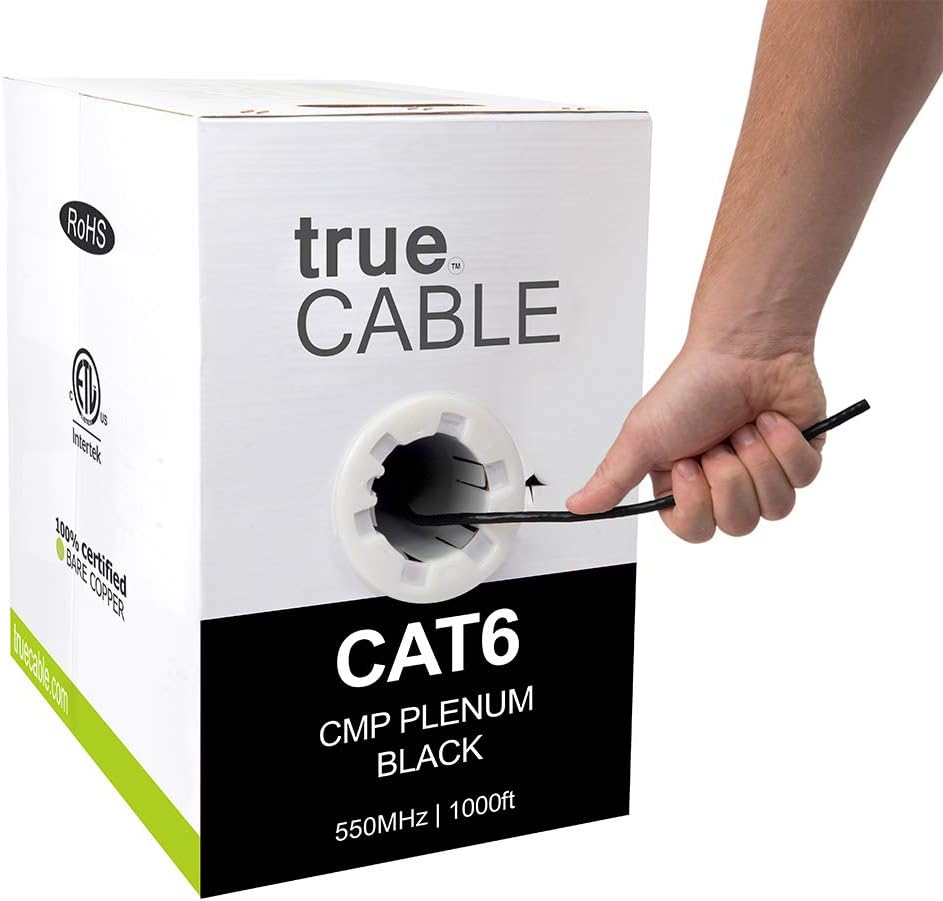 Cat6 Plenum 1000ft Black 23AWG 4 Pair Solid Bare Copper Bulk Ethernet Cable E634