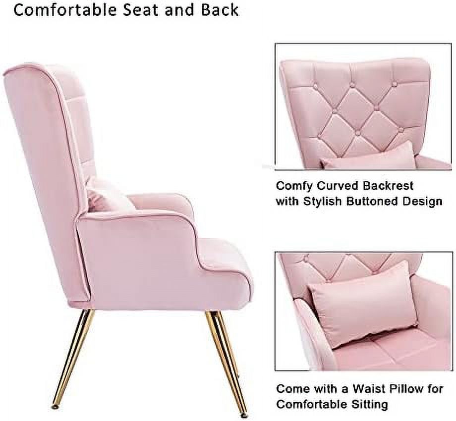 Velvet Buttoned Accent Arm Lounge Chair with Golden Plated Metal Legs & Pillow High Wingback Chair T9082