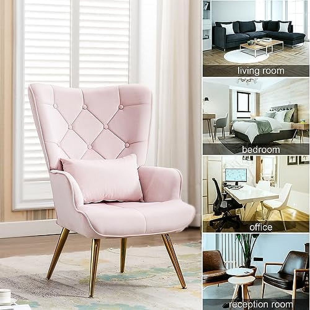 Velvet Buttoned Accent Arm Lounge Chair with Golden Plated Metal Legs & Pillow High Wingback Chair T9082