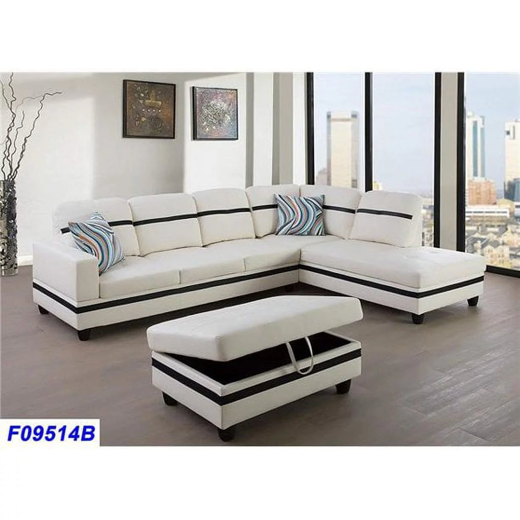 White Faux Leather Left Hand Facing Sofa & Chaise with Ottoman I3751