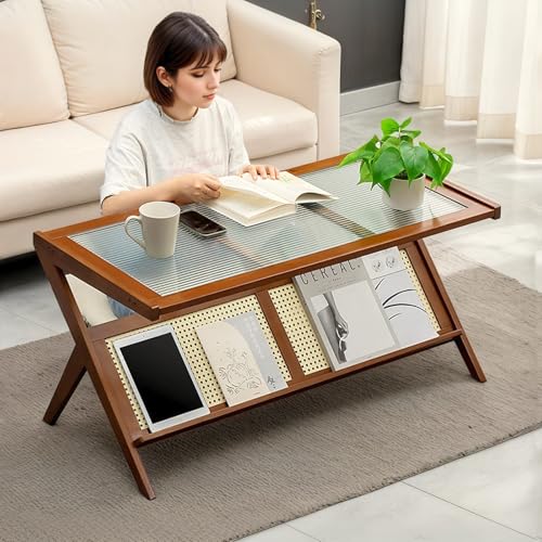 Boho Rattan Coffee Table with Glass Top & Rattan Shelf N133