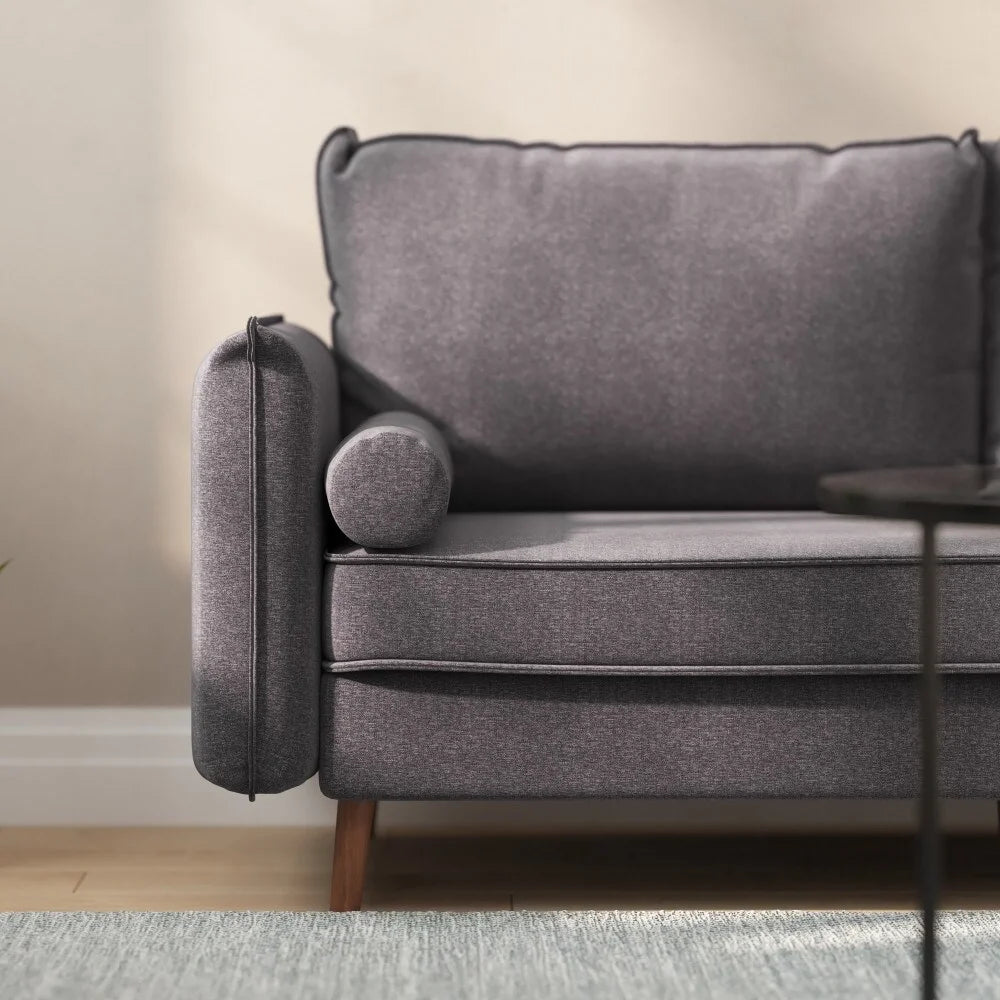 Compact Faux Linen Upholstered Sofa with Wooden Legs Stone Gray U764