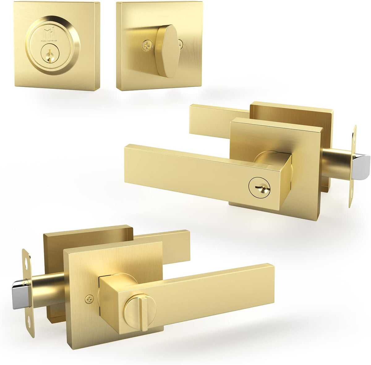 Satin Brass Square Lever Door Handle and Deadbolt Lock Combo Pack of 2 E91541