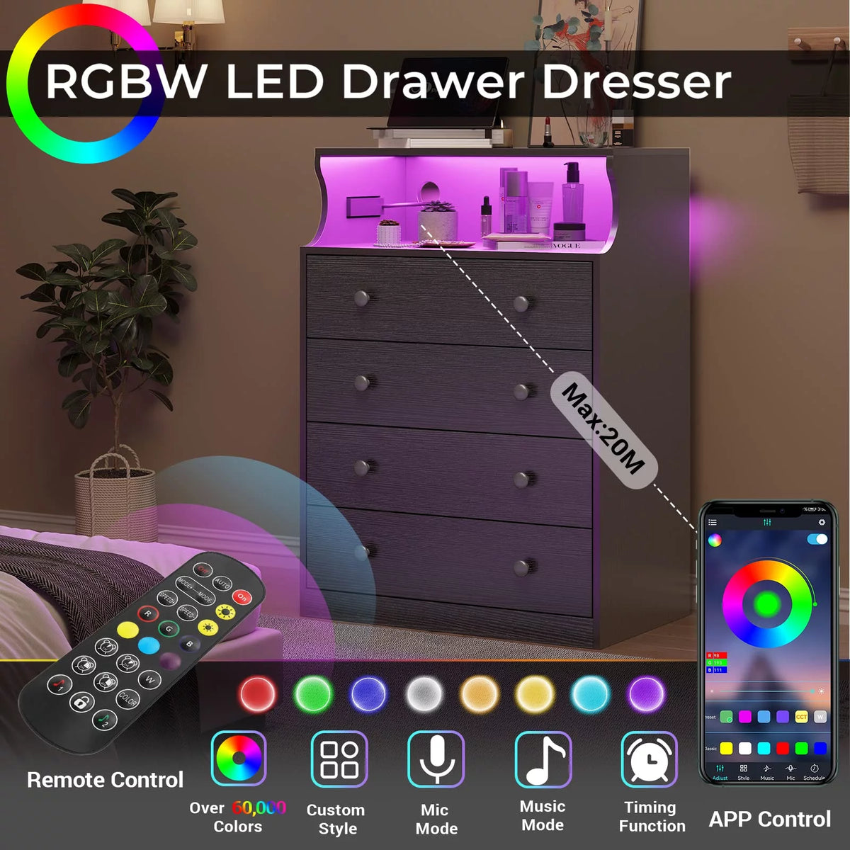 Black 4 Drawer Dresser with Charging Station L8509
