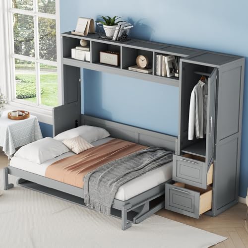 Queen Size Murphy Bed with Closet Storage Drawers Shelf and Desk White J312751