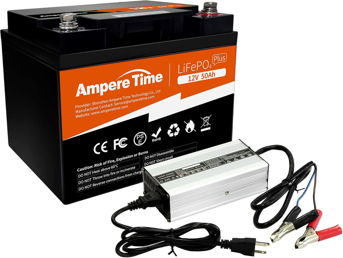 12V 50Ah LiFePO4 Battery with 14.6V 10A Lithium Battery Charger, 50A BMS P65256