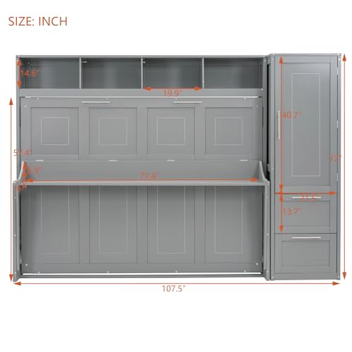 Queen Size Murphy Bed with Closet Storage Drawers Shelf and Desk White J312751