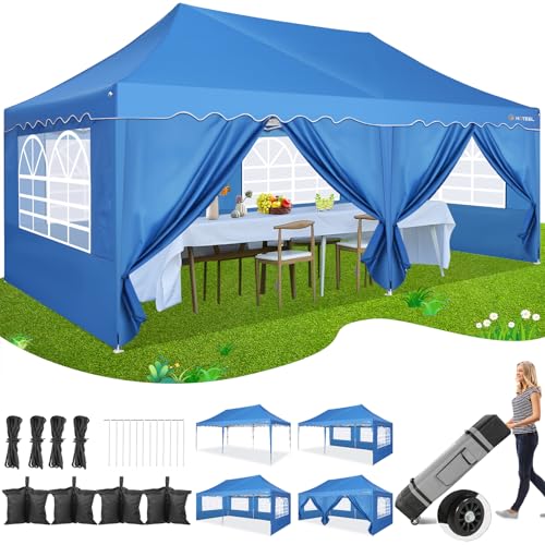 10x20 Pop Up Canopy Tent with 6 Sidewalls, Wheeled Bag & 4 Sandbags, White L399