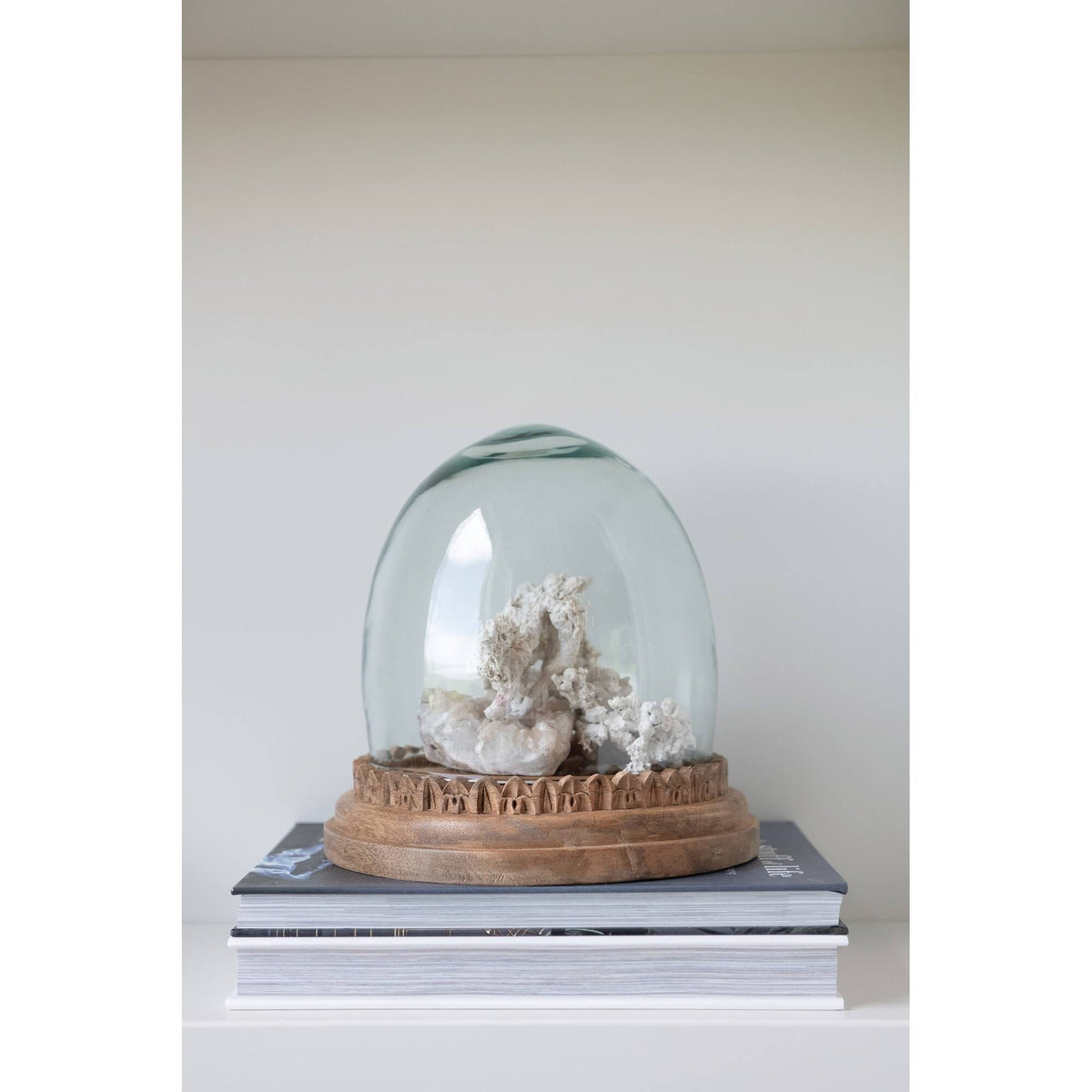 Recycled Glass Cloche on Hand-Carved Mango Wood Base, Set of 2 Pieces Z8572
