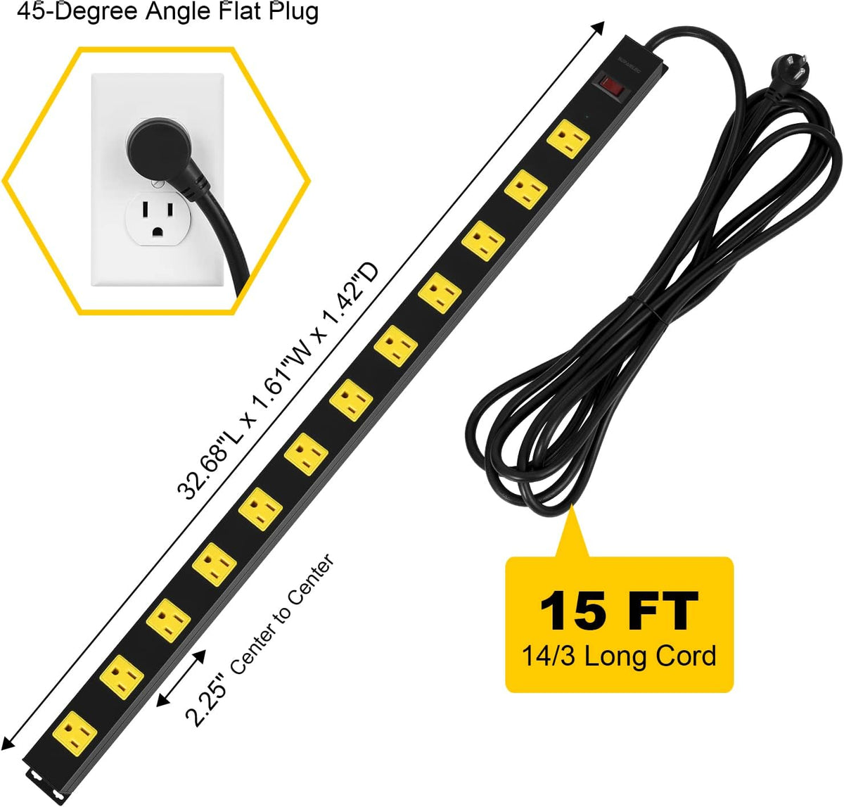 2-Pack 12 Outlet Metal Power Strip with 15 FT Cord Surge Protector O430187