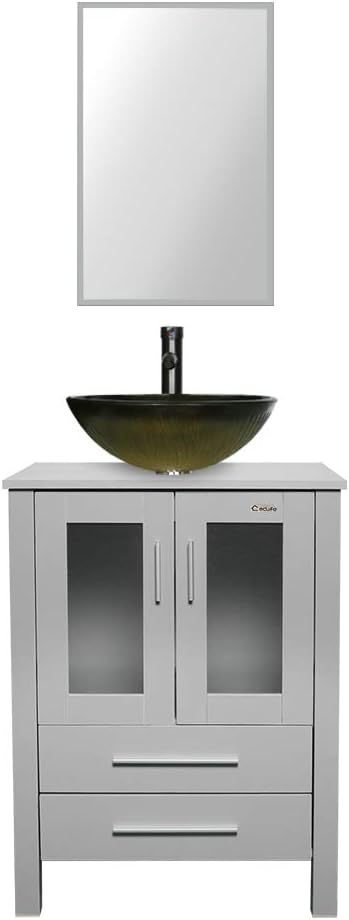 24" Grey Bathroom Vanity Sink Combo with White Rectangle Ceramic Vessel Sink, Chrome Faucet, Pop Up Drain S13037