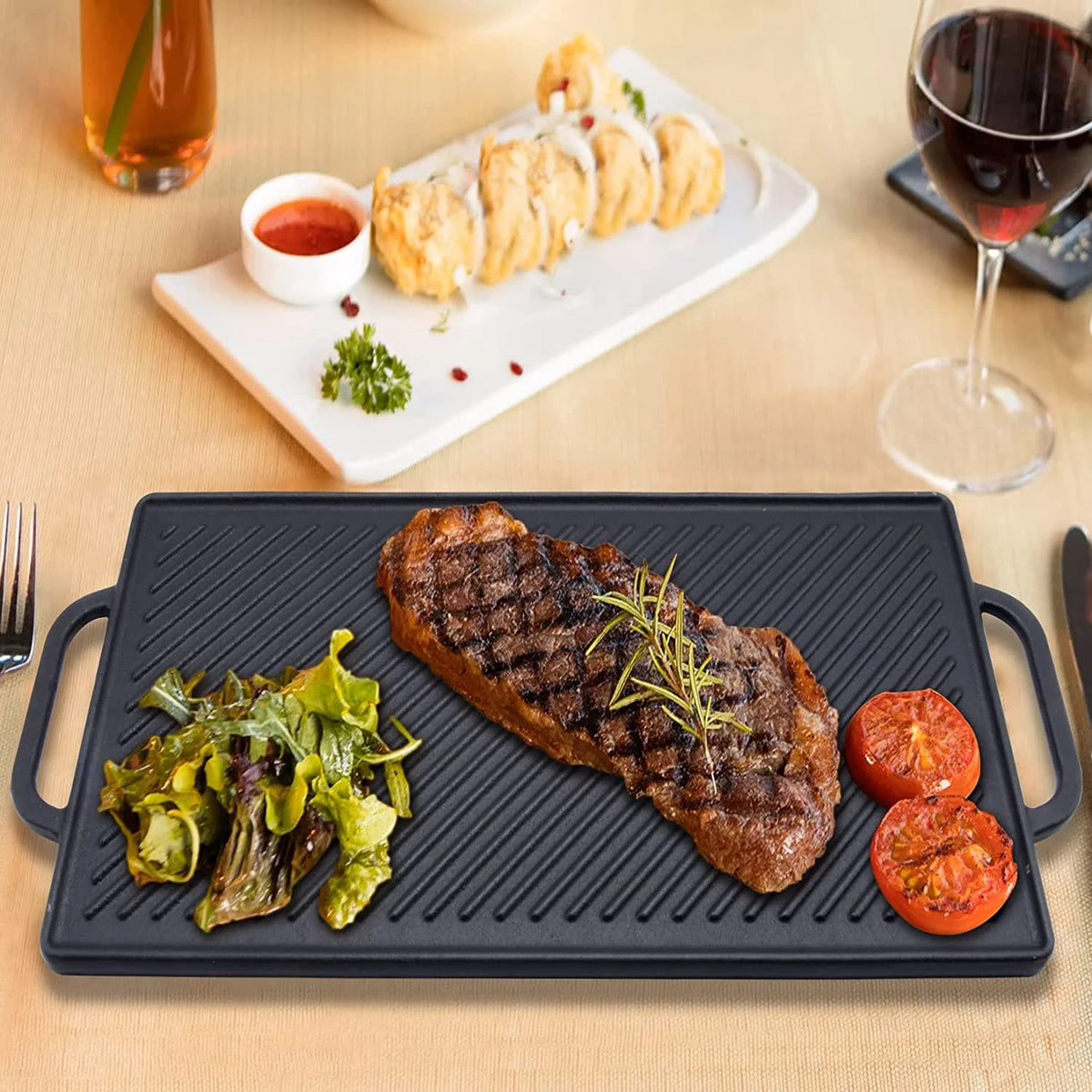 Cast Iron Reversible Grill Griddle, Non-Stick Double Sided Grill Pan with Handles 15 Inch x9 Inch I500528