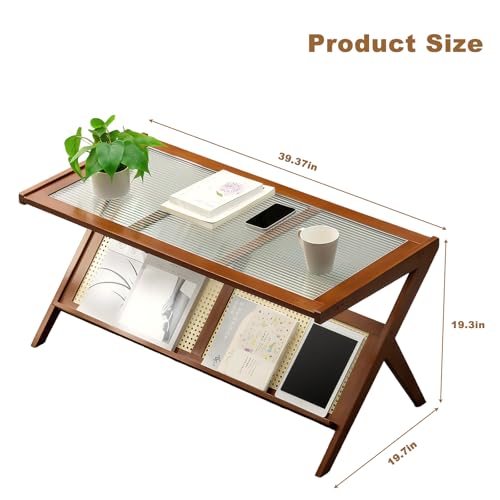Boho Rattan Coffee Table with Glass Top & Rattan Shelf N133