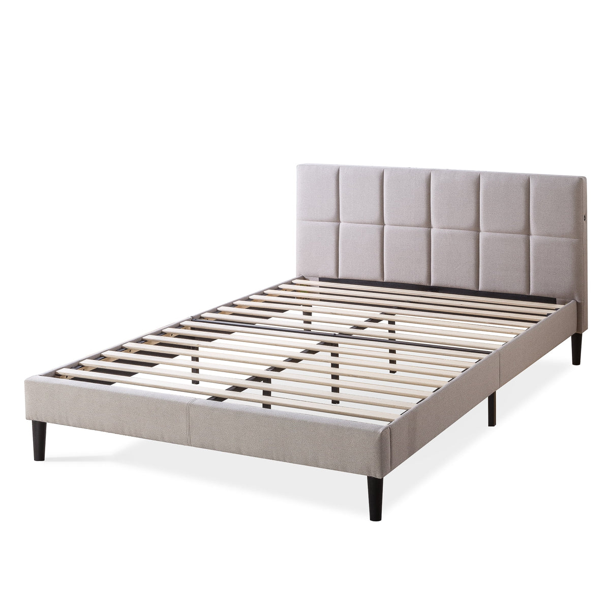 Grey Queen Upholstered Platform Bed Frame with USB Ports I983