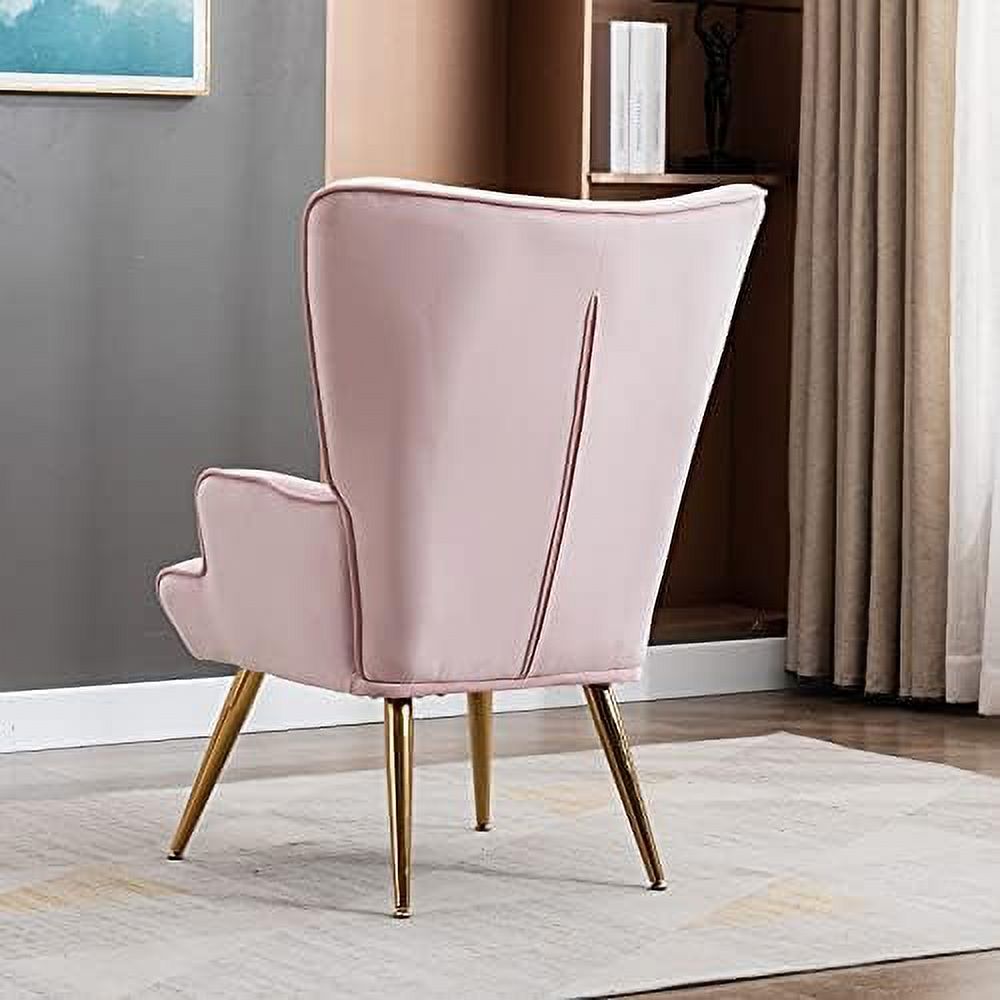 Velvet Buttoned Accent Arm Lounge Chair with Golden Plated Metal Legs & Pillow High Wingback Chair T9082