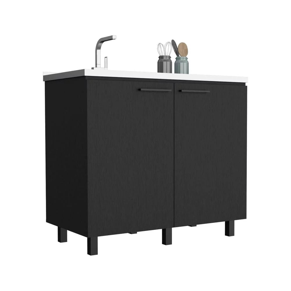 Black 2 Door Utility Base Cabinet with Stainless Steel Countertop U9377