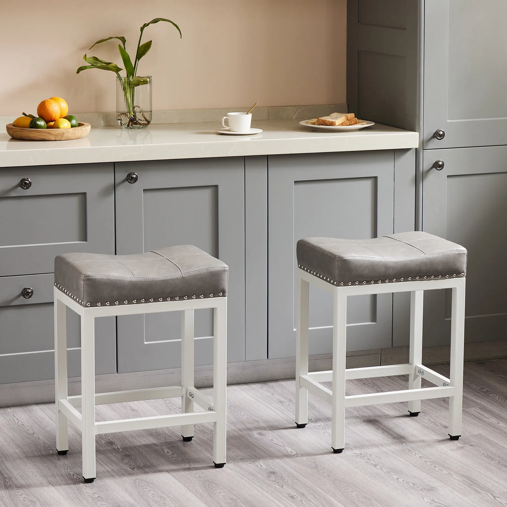Bar Stools Set of 2, 24 Inch Metal Base PU Leather Saddle Seats, Gray S4990