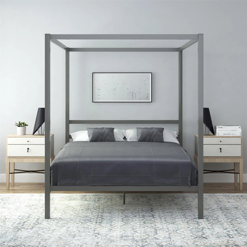 Queen Gunmetal Gray Metal Canopy Poster Bed V1058