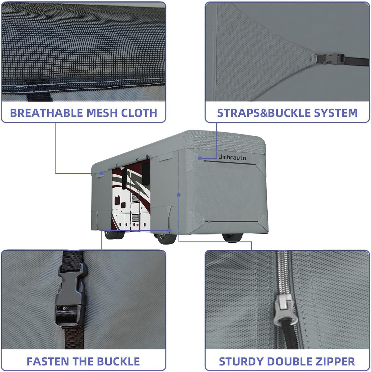 RV Cover for 37' to 40' Motorhome with 2Pcs Extra Straps, Adhesive Repair Patches, 6 Gutter Covers P83687