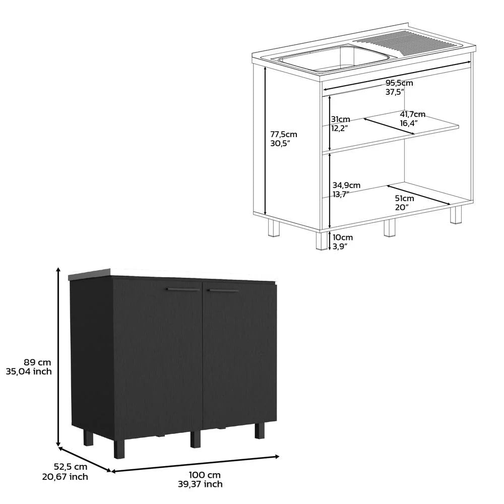 Black 2 Door Utility Base Cabinet with Stainless Steel Countertop U9377